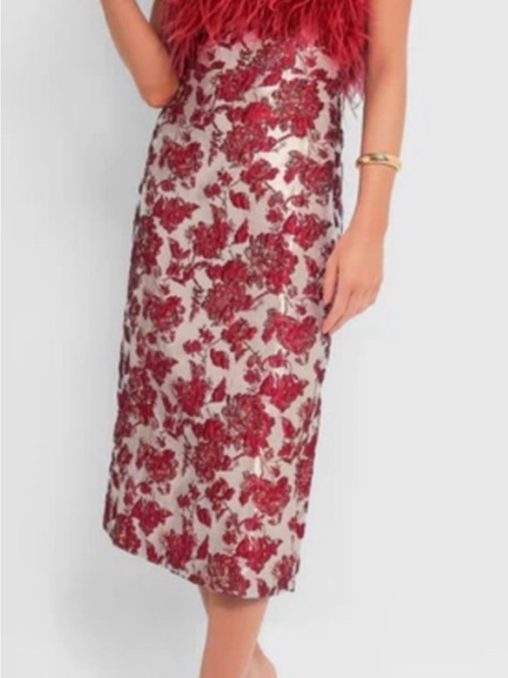 Tuckernuck Hyacinth House Strapless Floral Jacquard Dress with Red Feather Trim - Picture 2 of 9